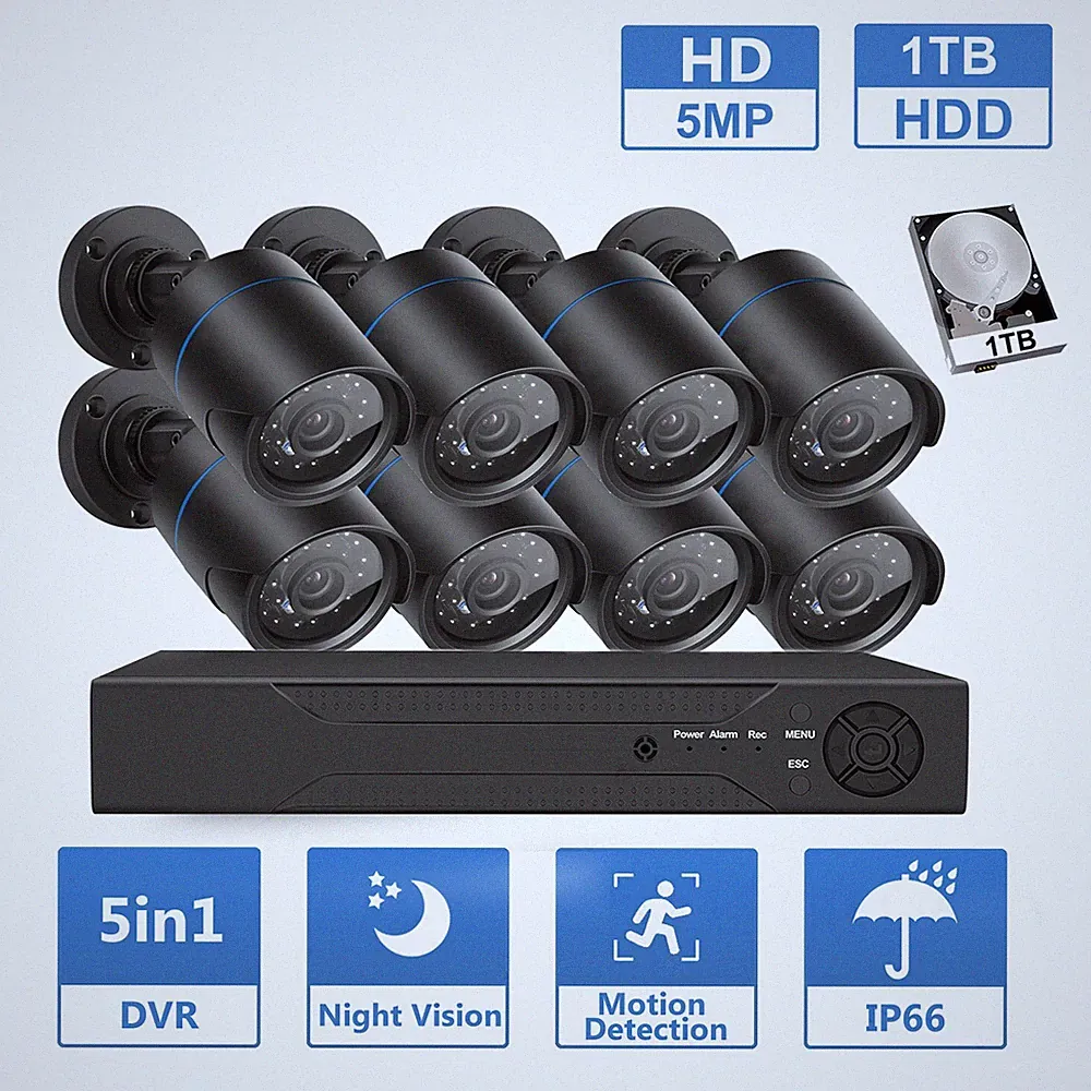 5MP 8CH DVR Video CCTV Home Security Camera System Outdoor with 1TB Hard Drive