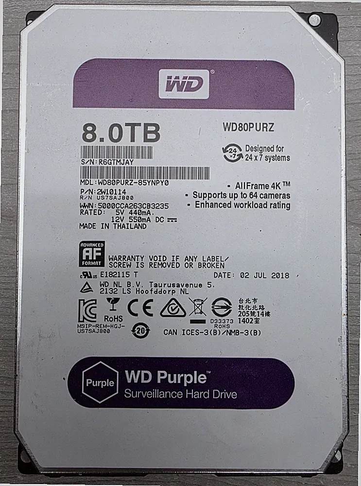 8TB WD Purple Hard Drive WD80PURZ For Security Camera - CCTV DVR NVR - 3.5" SATA