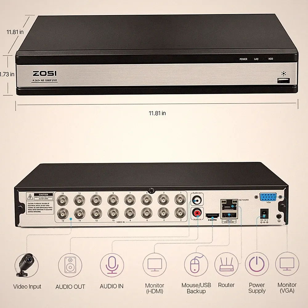 ZOSI 16 Channel H.265+ 1080p DVR Hard Drive 2TB for Security Camera System